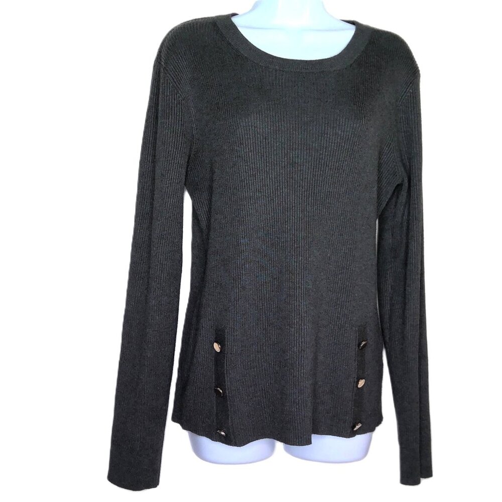 New T  Tahari Gray Sweater Top Ribbed Gold Tone Logo Buttons Rayon Nylon NWOT  L